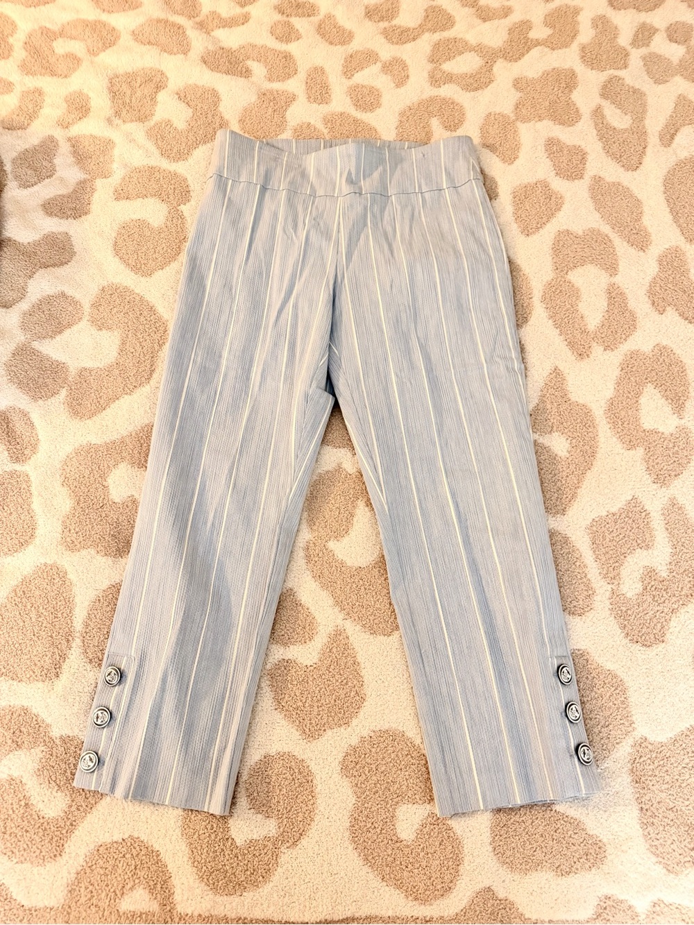 Attyre Blue and White Pinstripe Cropped Pants with Button Cuff